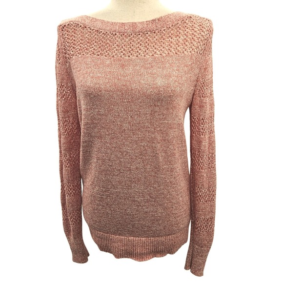 LOFT Women Coral Boat Neck Open Knit Pullover Sweater  Cotton Blend Small - Picture 1 of 7
